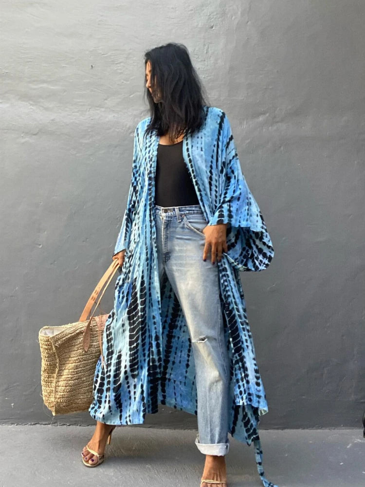 Bikini Cover Up Tie Dye Printed Women Long Beach Kimono Swimsuit Cape 2022 New Summer Beachwear Self Belted Bathing Suit