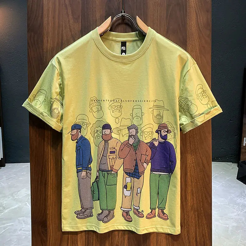 Men's Short Sleeve T-Shirt Summer Trendy Cartoon Print Round Neck Loose Casual Half Sleeve Shirt