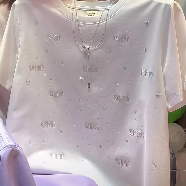 Elegant Short Sleeve T-Shirt Women's Heavy Embellished Diamond Versatile Beautiful Shoulder Slimming Fashionable Top Trendy