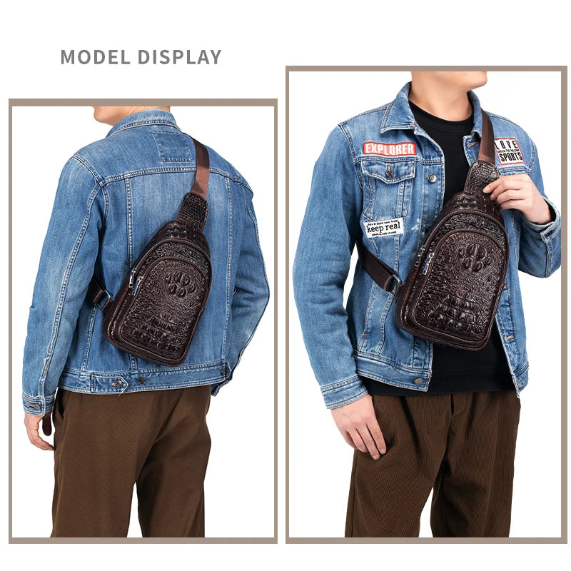 SCHLATUM Men's Genuine Leather Vintage Crocodile Pattern Chest Bag Luxury Men Crossbody Travel Bag Multifunction Sling Bags