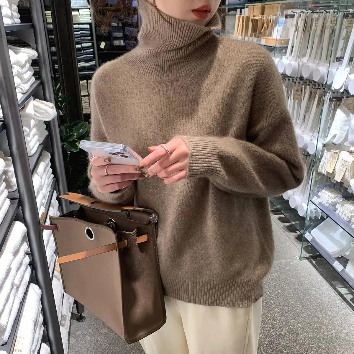 Autumn Winter Thick Loose Knitwear Sweater Tops Casual Turn Down Collar Long Lantern Sleeve Knitted Pullover Coats PYXA-dh70