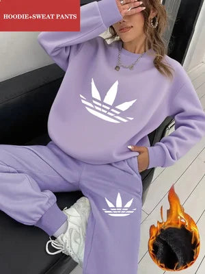 2Pc Creative Printed Y2K Style Autumn and Winter Hot-Selling Women's Fashion Casual Sports Fleece-Lined Crewneck Sweatshirt and Sweatpants Set