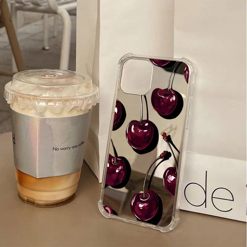 Cute Cherry Pattern Phone Case For iPhone 16 17 Pro Max 15 14 13 12 11 Pro XS X XR 7 8 Plus Make Up Mirror Shockproof Soft Cover