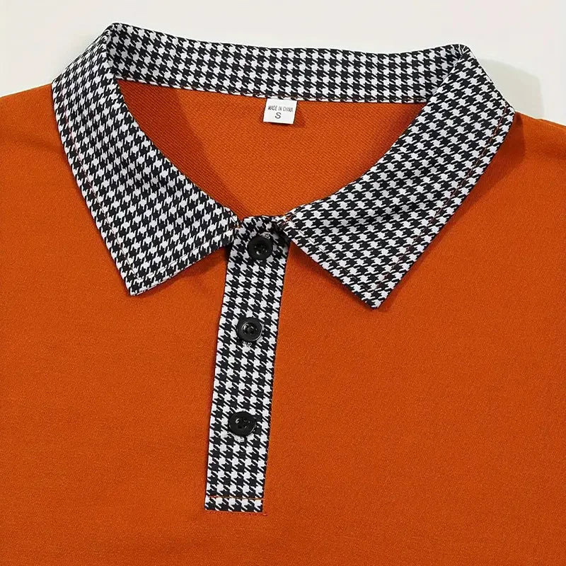 Men's Houndstooth Patchwork Long Sleeve Polo Shirt Classic Casual Business Tops Breathable Lightweight Knitwear for Spring Fall