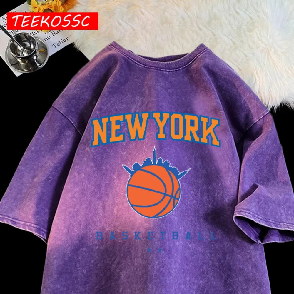 New York Basketball Printed Washed Men T-Shirt Summer Casual Fashion T-Shirts Sport Cotton Streetwear Breathable Short Sleeve