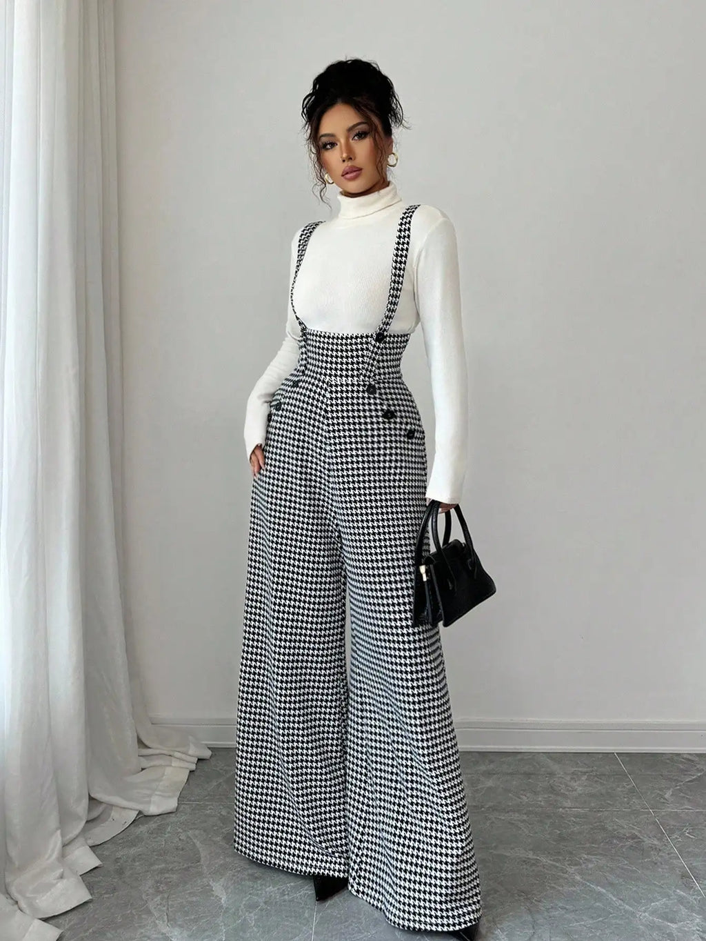 Overalls for Women's Winter Jumpsuit Black White Vintage Wide Leg Suspender Pants for Office Commute Casual Female Clothing