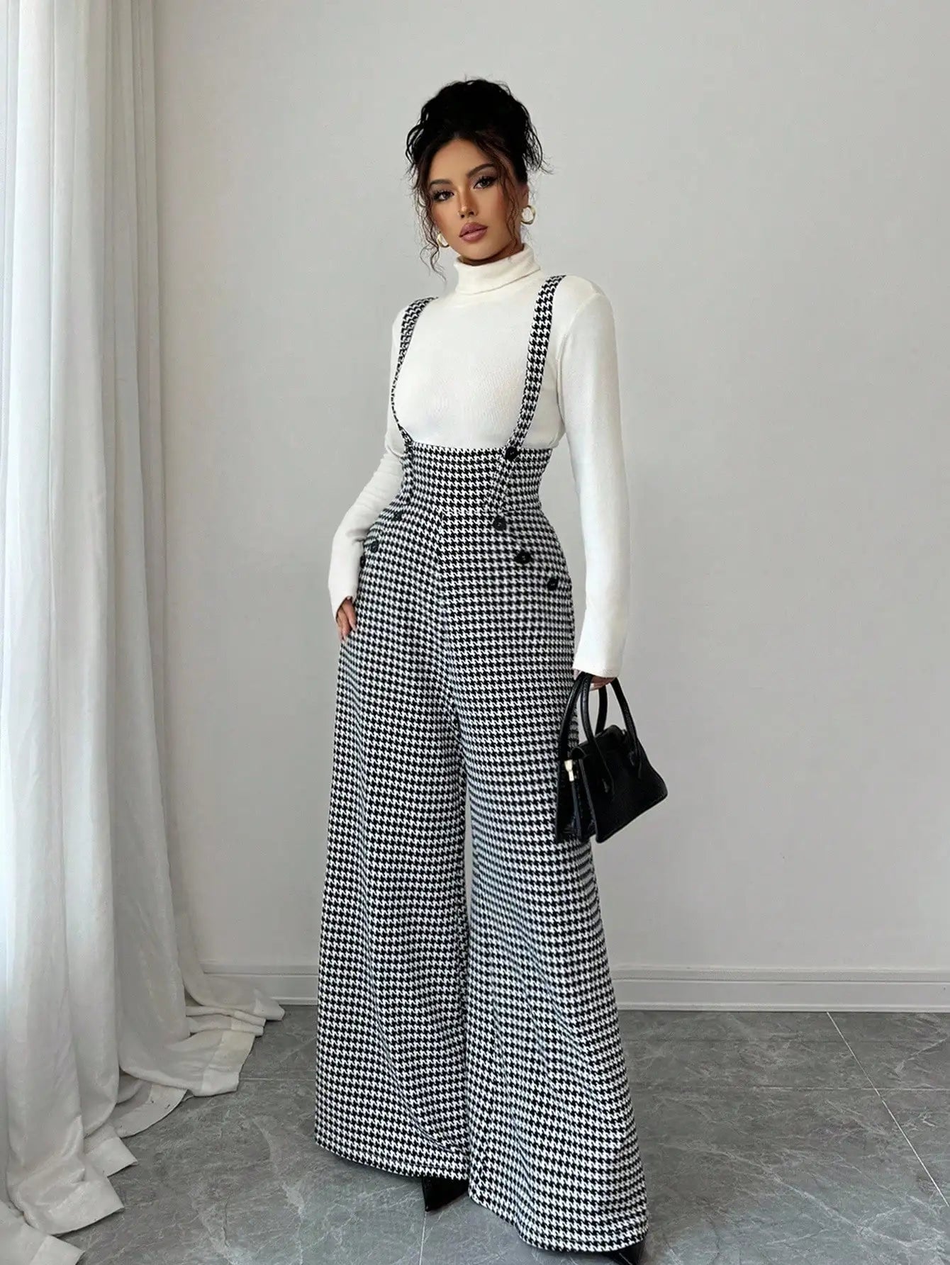 Overalls for Women's Winter Jumpsuit Black White Vintage Wide Leg Suspender Pants for Office Commute Casual Female Clothing
