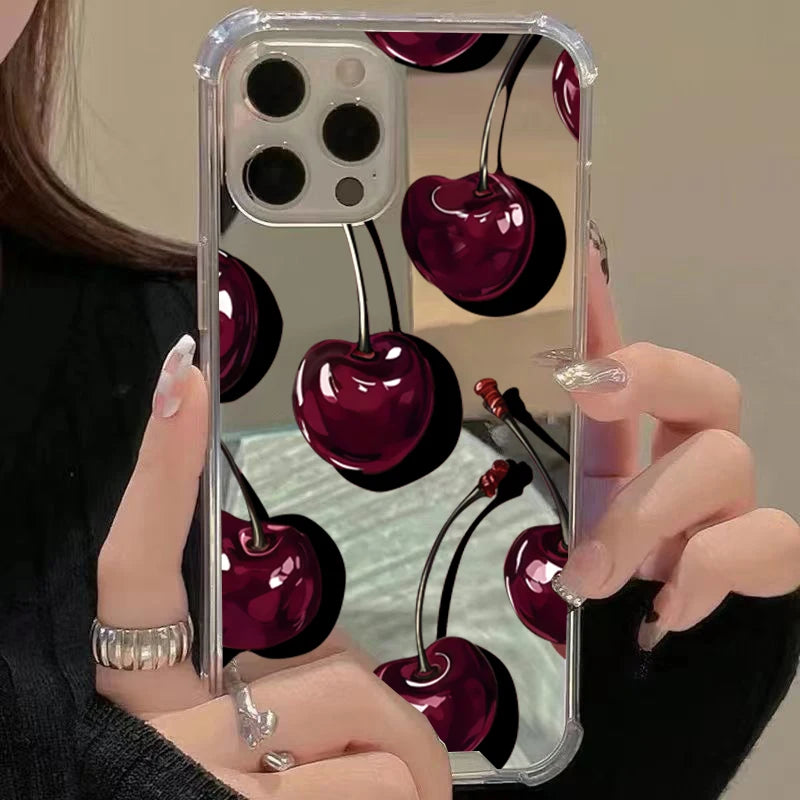 Cute Cherry Pattern Phone Case For iPhone 16 17 Pro Max 15 14 13 12 11 Pro XS X XR 7 8 Plus Make Up Mirror Shockproof Soft Cover