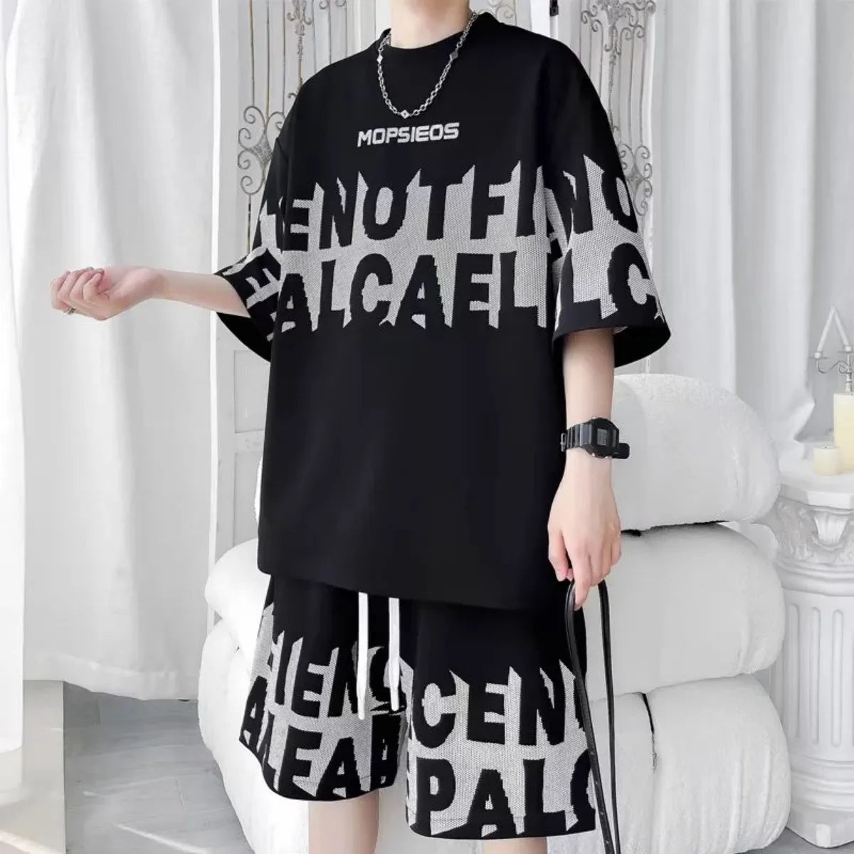 Men's fashion personality letter printed short sleeved shorts two-piece set outdoor sports breathable T-shirt set