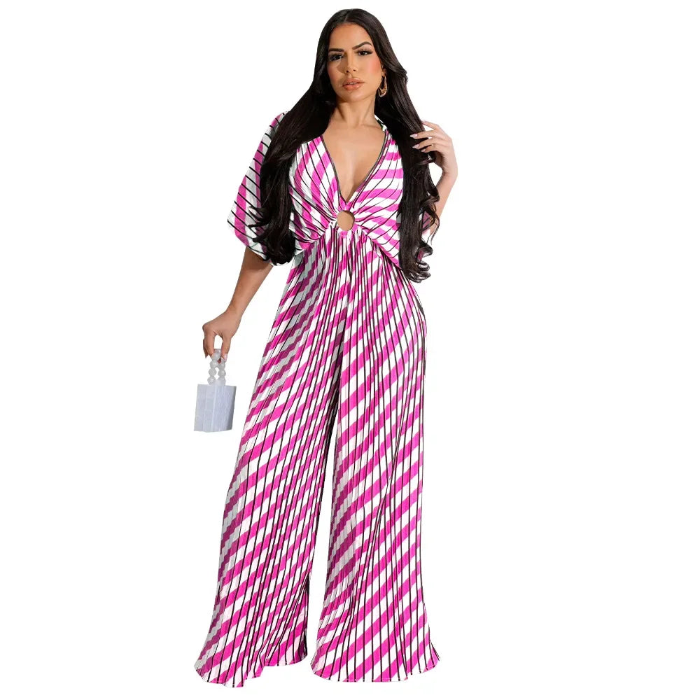 Elegant Women's Printed Pleated Jumpsuit Summer Sexy V-neck Short Sleeve Print High Waist Wide-leg Pants Casual Loose Jumpsuit