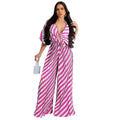 Elegant Women's Printed Pleated Jumpsuit Summer Sexy V-neck Short Sleeve Print High Waist Wide-leg Pants Casual Loose Jumpsuit