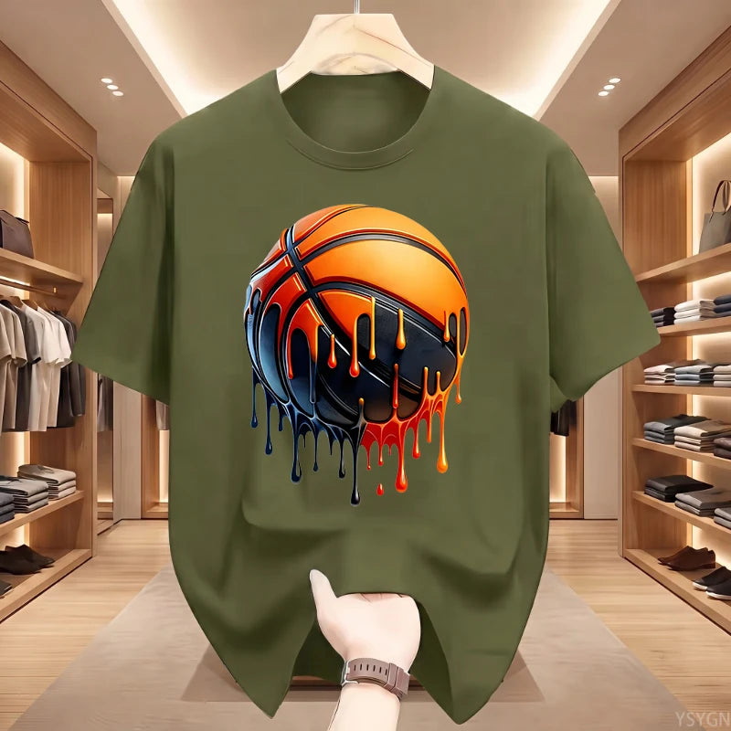 Men's Dripping Basketball Graphic T-Shirt, Streetwear Hip Hop Tee, Oversized Fit, WHITE Top for Men, Trendy Summer Style