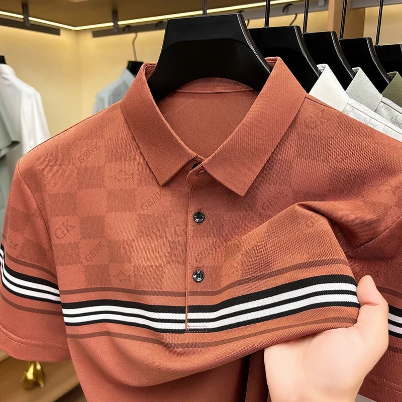 Mens Half Checkered Letter Print Stripe Splicing Short Sleeve Polo Shirts Soft  Breathable Business Casual Tops For Summer Daily