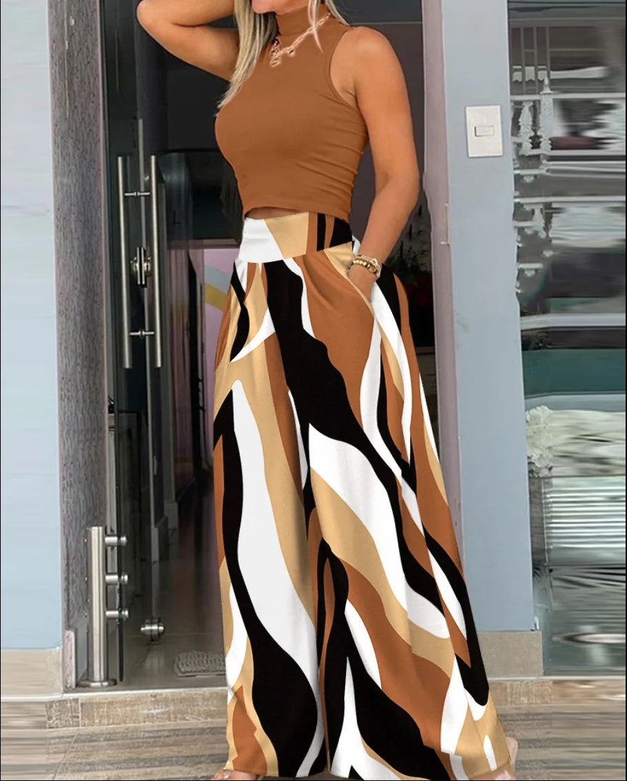 2025 Women's Pants 2 Piece Set  Loose Wide Leg Pants Overall High Waist Sleeveless Printed Fashion Casual pants sets