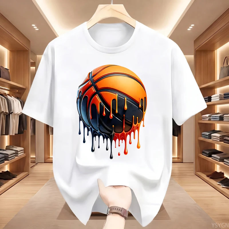 Men's Dripping Basketball Graphic T-Shirt, Streetwear Hip Hop Tee, Oversized Fit, WHITE Top for Men, Trendy Summer Style