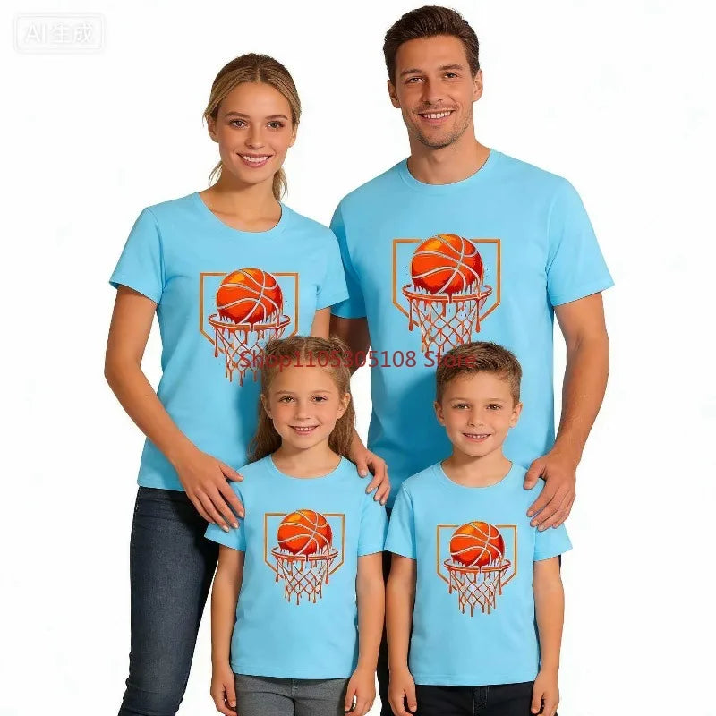 Rebounding Basketball Children's T-Shirt Pure Cotton Round Neck Fashionable Parent-Child Outfit Candy Color Family Outfit