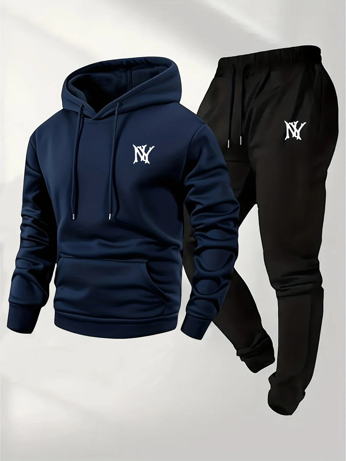 Men  Letter Logo Print Hoodie Tracksuit 2 Piece Set Solid Black Pullover Hooded Sweatshirt Jogger Pants New York Street Outfit