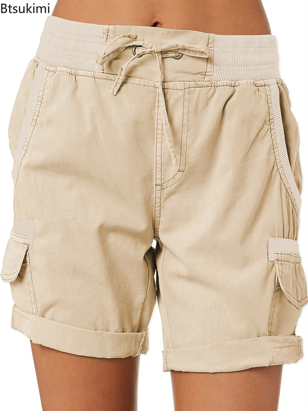 2026 Women's Cargo Shorts Pants Elastic Waist Short Pants Cotton Linen Pocket Summer Beach Solid Color Sliming Breathable Shorts