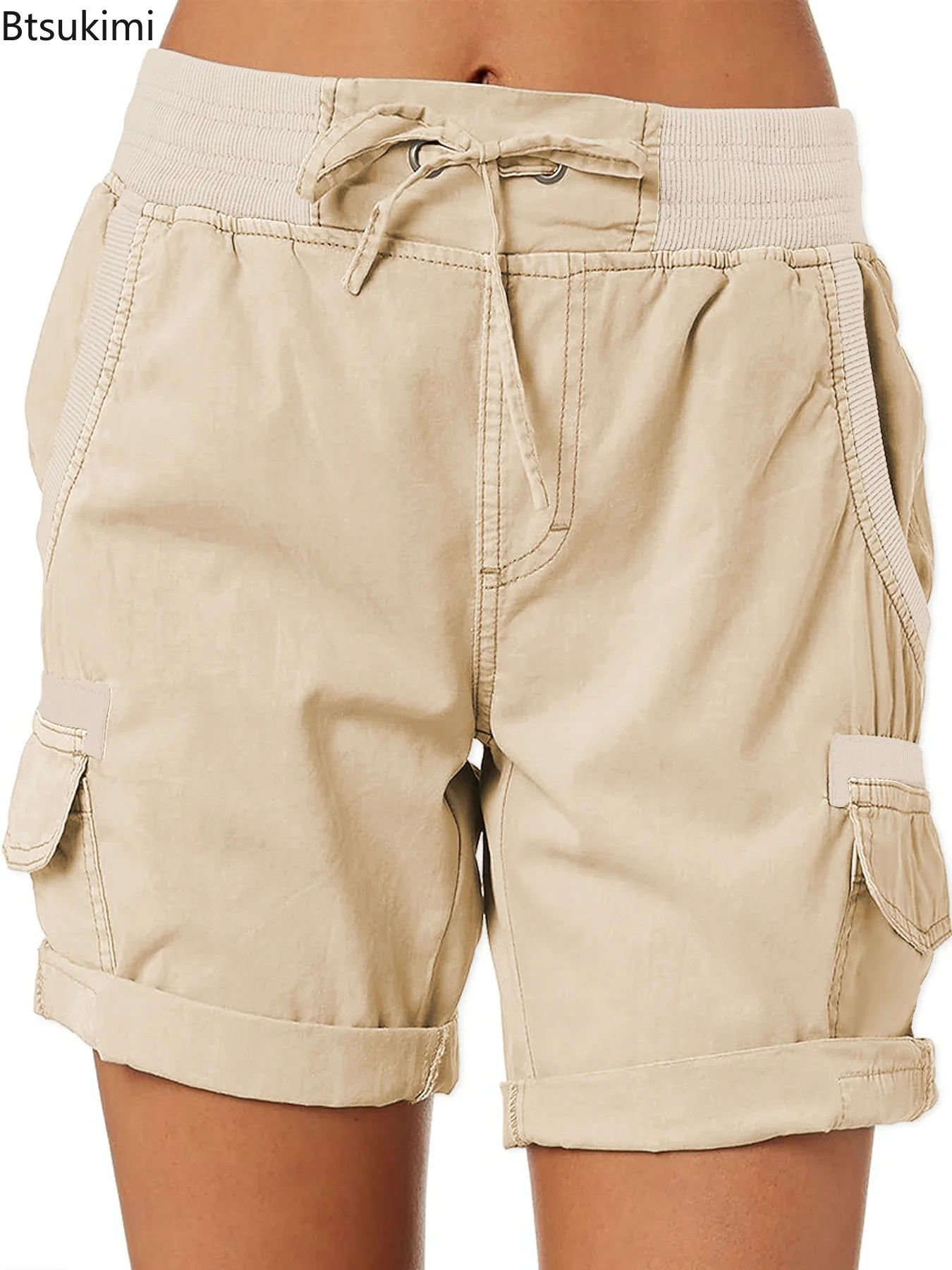 2026 Women's Cargo Shorts Pants Elastic Waist Short Pants Cotton Linen Pocket Summer Beach Solid Color Sliming Breathable Shorts