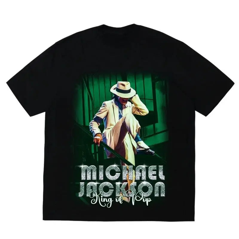 Portrait & Gold Signature Summer Rock Y2k Streetwear Michael Jackson T-Shirt Vintage Graphic Print Tee Casual Loose Top Unisex