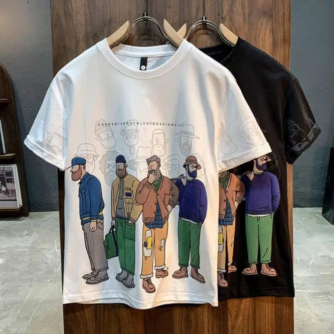 Men's Short Sleeve T-Shirt Summer Trendy Cartoon Print Round Neck Loose Casual Half Sleeve Shirt