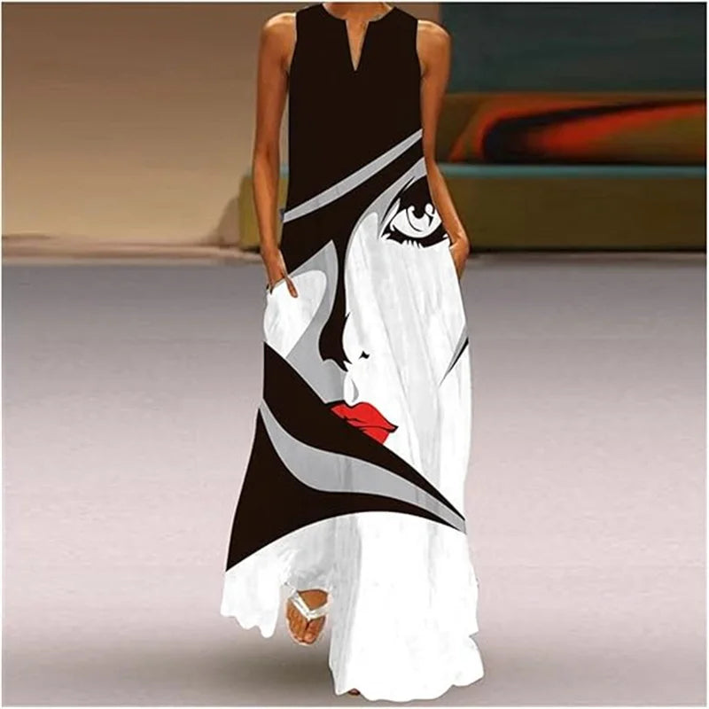 Fashion Lady Summer Long Women's Dress Black Sleeveless Loose Face Print Elegant Party Dresses For Women Casual Beach Dress Robe