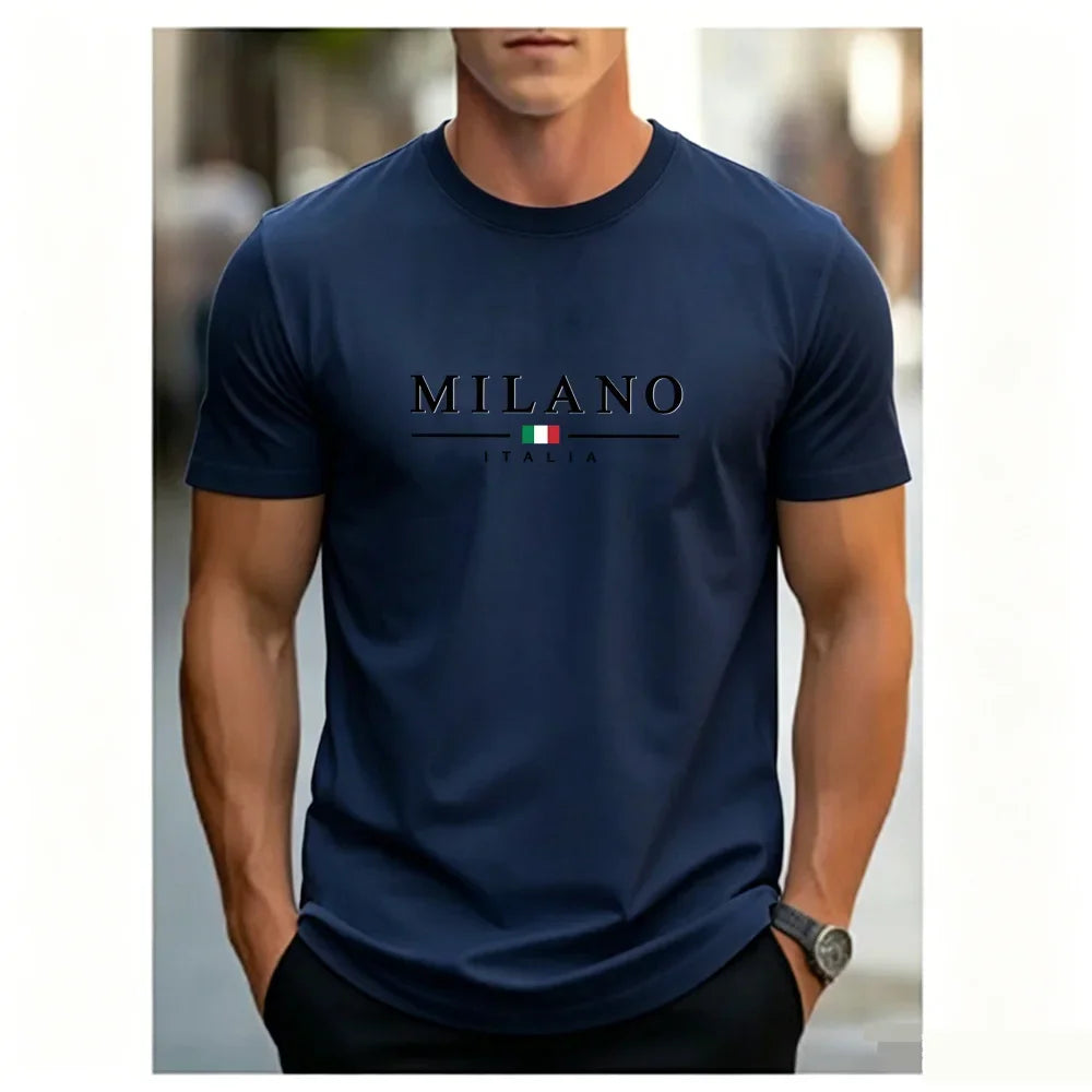Men's Summer Simple and Fashionable Milan Letter Printed Loose and Comfortable Round Neck Short Sleeved T-shirt Top