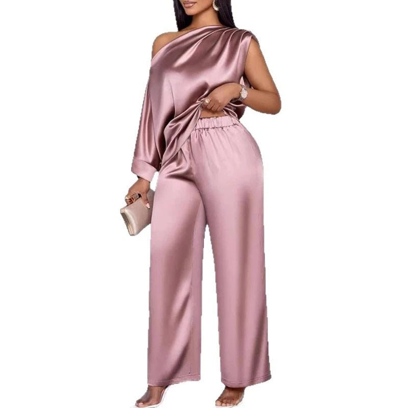 Pant Set Women Two Piece Sets Skew Collar Sexy Slim Fit Tops Wide Leg Long Pants Elastic Waist Y2k Streetwear Elegant 2026