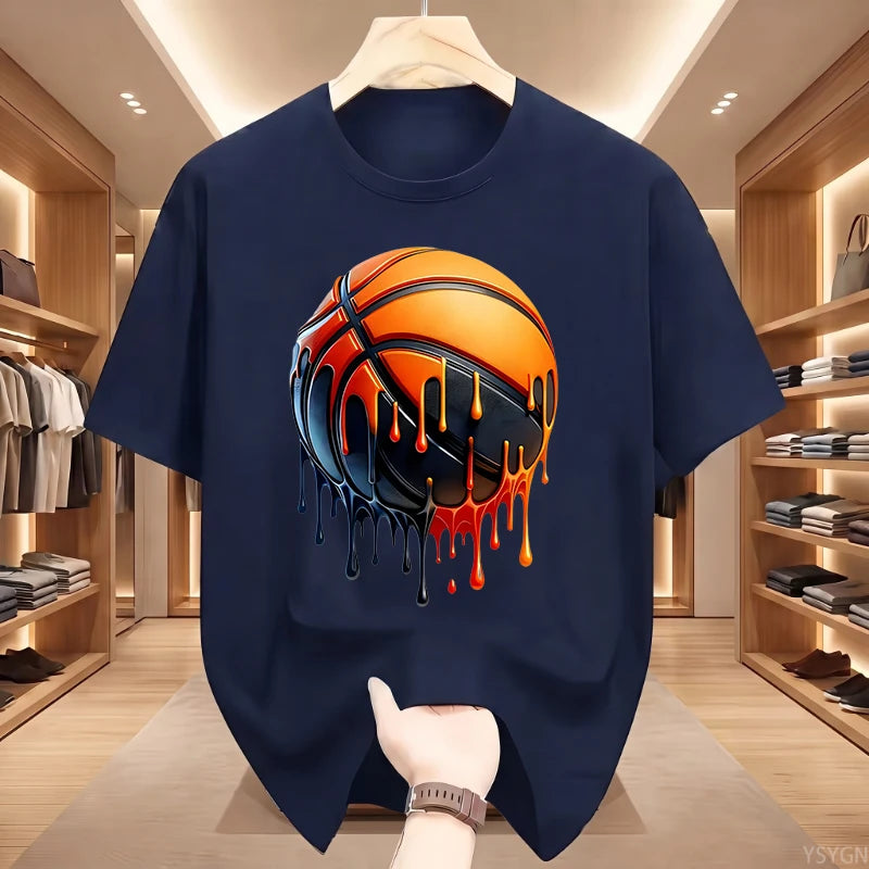 Men's Dripping Basketball Graphic T-Shirt, Streetwear Hip Hop Tee, Oversized Fit, WHITE Top for Men, Trendy Summer Style