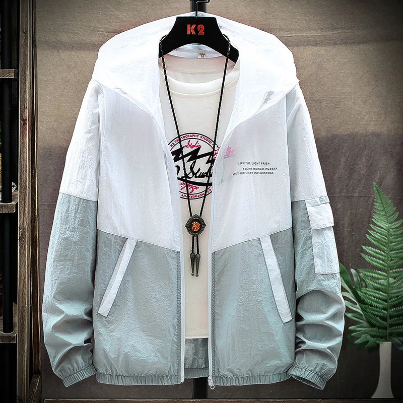 Summer Men's Sun Protection Shirt Thin Quick Drying Hood Windproof Jacket Breathable Letter Print Casual and Versatile Cardigan