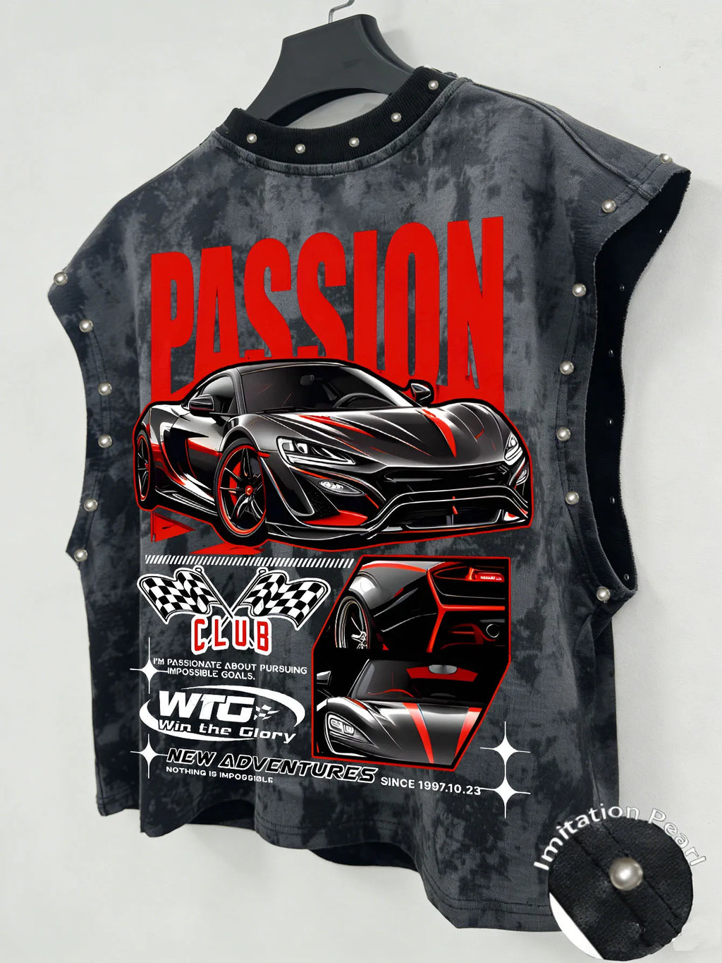 Men's Retro Street-Style Racing Print Faux Pearl Vest