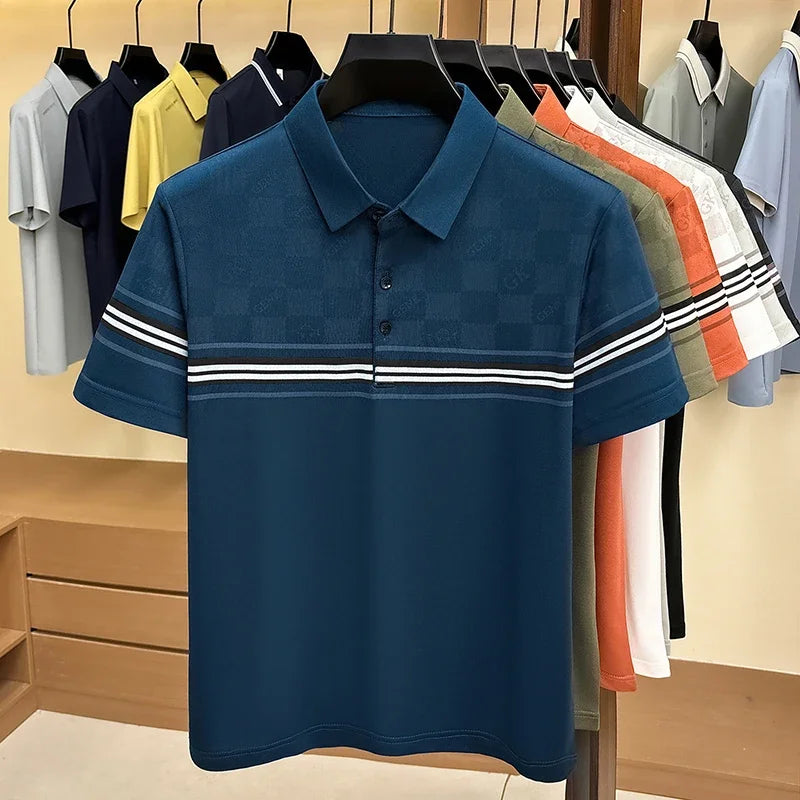 Mens Half Checkered Letter Print Stripe Splicing Short Sleeve Polo Shirts Soft  Breathable Business Casual Tops For Summer Daily
