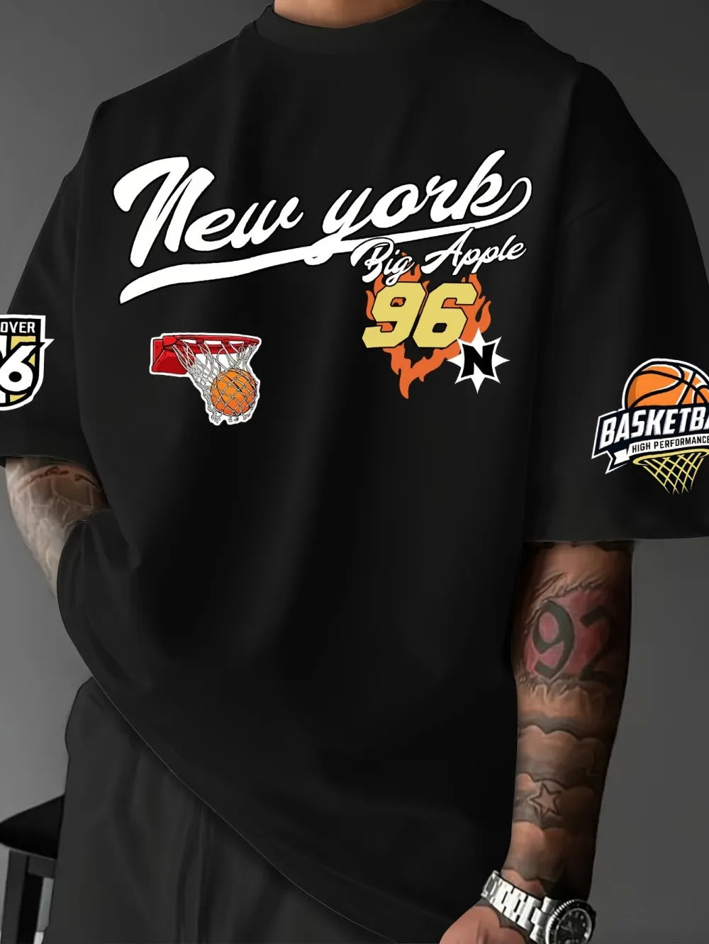 Men's Summer Basketball Style Casual Breathable Round Neck T-shirt New York 96 Printed Soft Polyester Fiber Outdoor Street Top