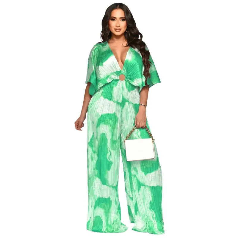 Elegant Women's Printed Pleated Jumpsuit Summer Sexy V-neck Short Sleeve Print High Waist Wide-leg Pants Casual Loose Jumpsuit