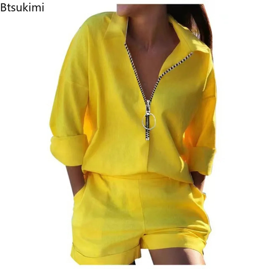 Women Summer Casual Loose Long Sleeve Zipper Tshirt Shorts Set Office Lady Fashion Turn Down Collar Letter Print Two Piece Set