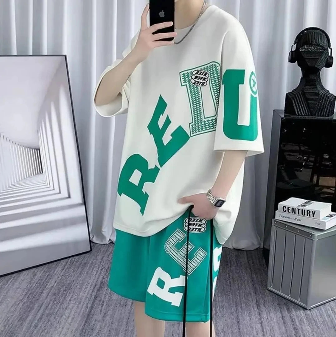American men's summer fashion letter print comfortable breathable round neck T-shirt drawstring shorts set outdoor casual wear