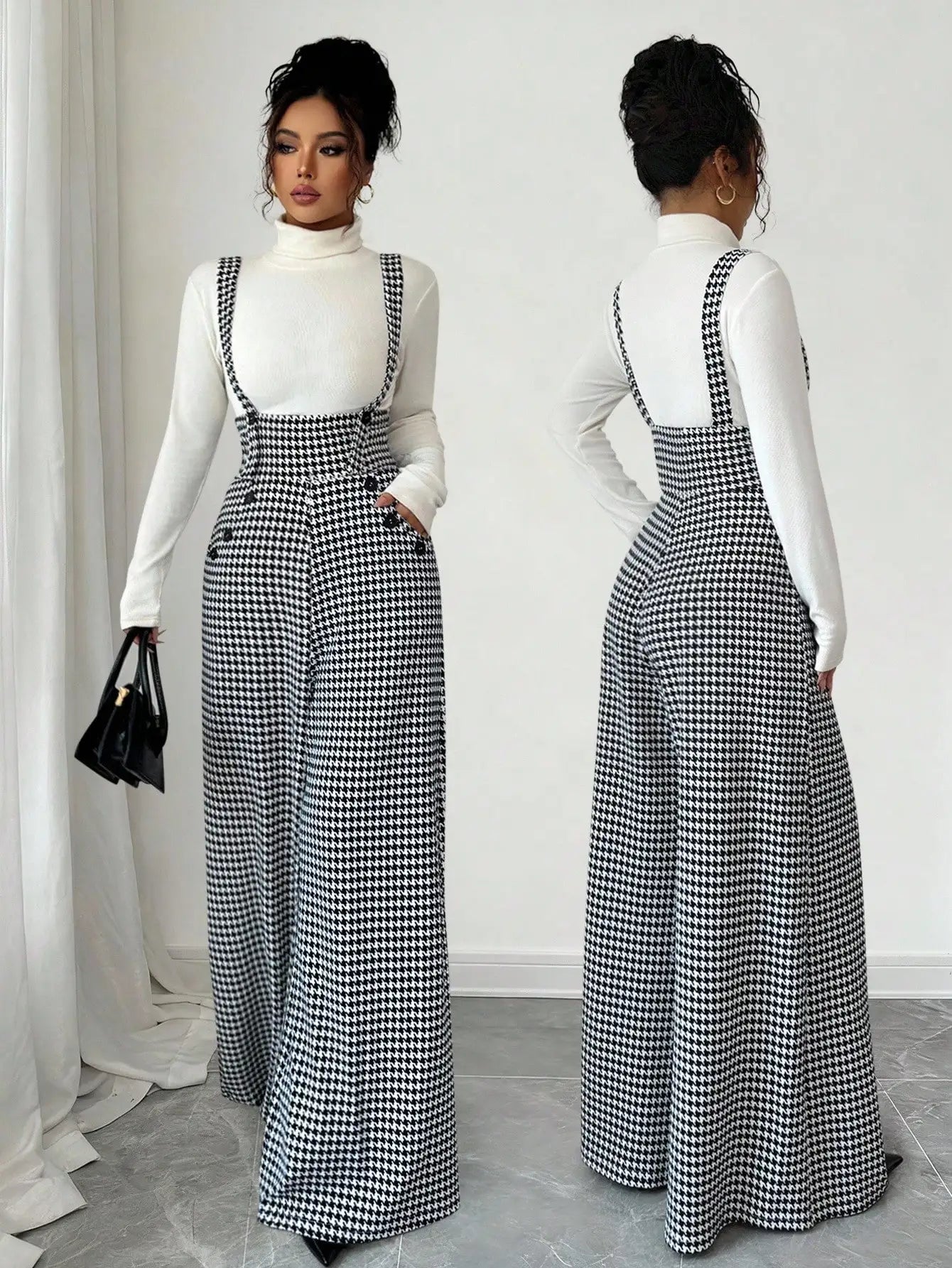 Overalls for Women's Winter Jumpsuit Black White Vintage Wide Leg Suspender Pants for Office Commute Casual Female Clothing