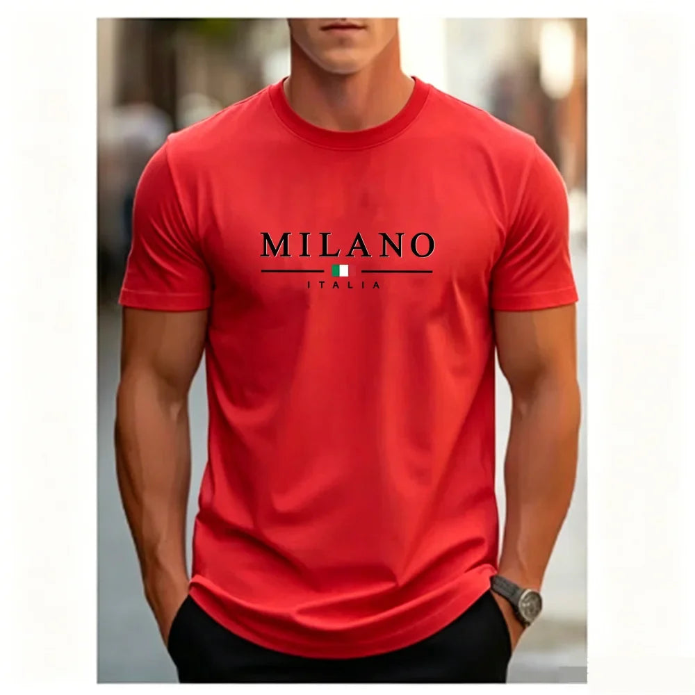Men's Summer Simple and Fashionable Milan Letter Printed Loose and Comfortable Round Neck Short Sleeved T-shirt Top