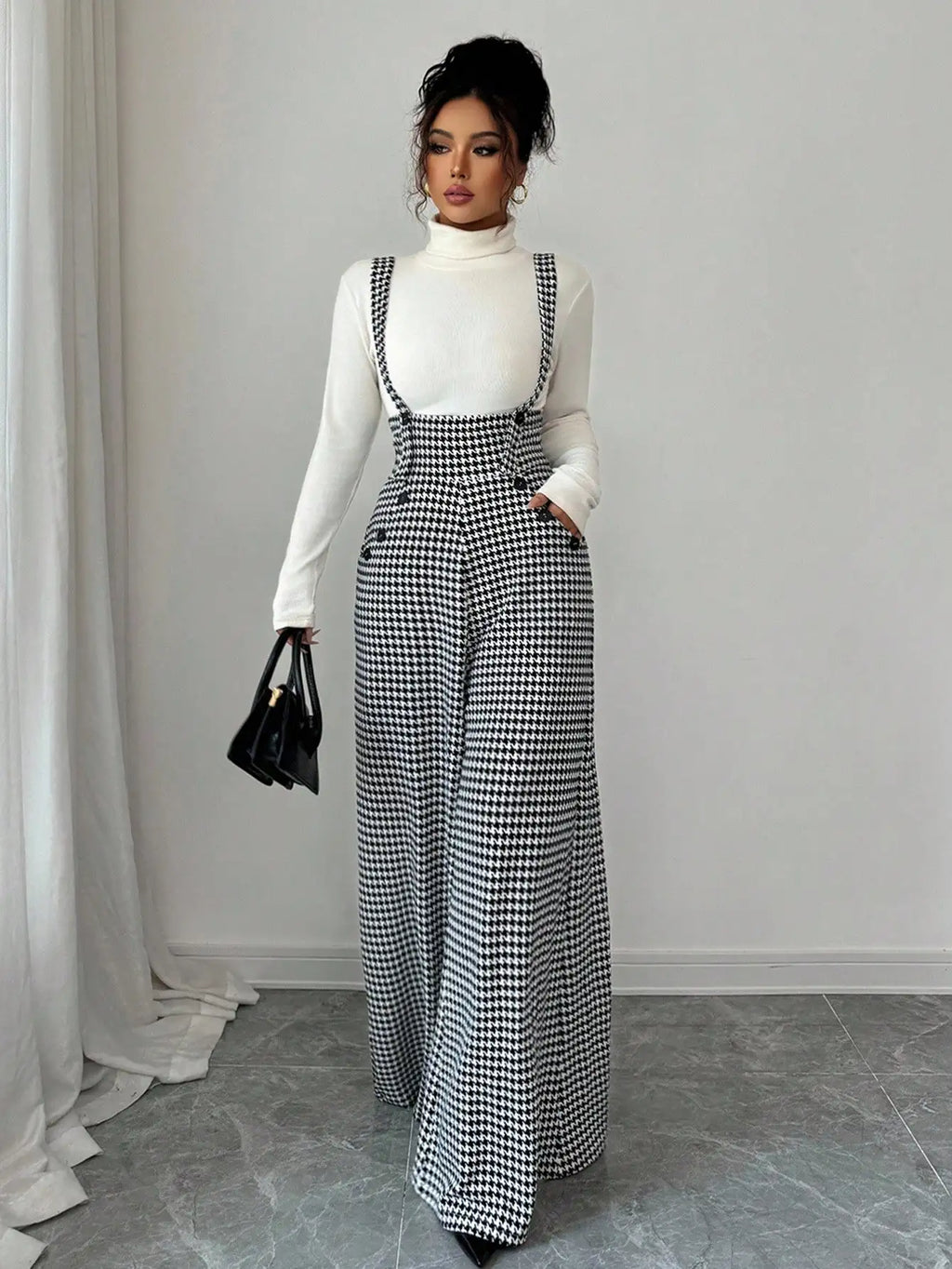 Overalls for Women's Winter Jumpsuit Black White Vintage Wide Leg Suspender Pants for Office Commute Casual Female Clothing