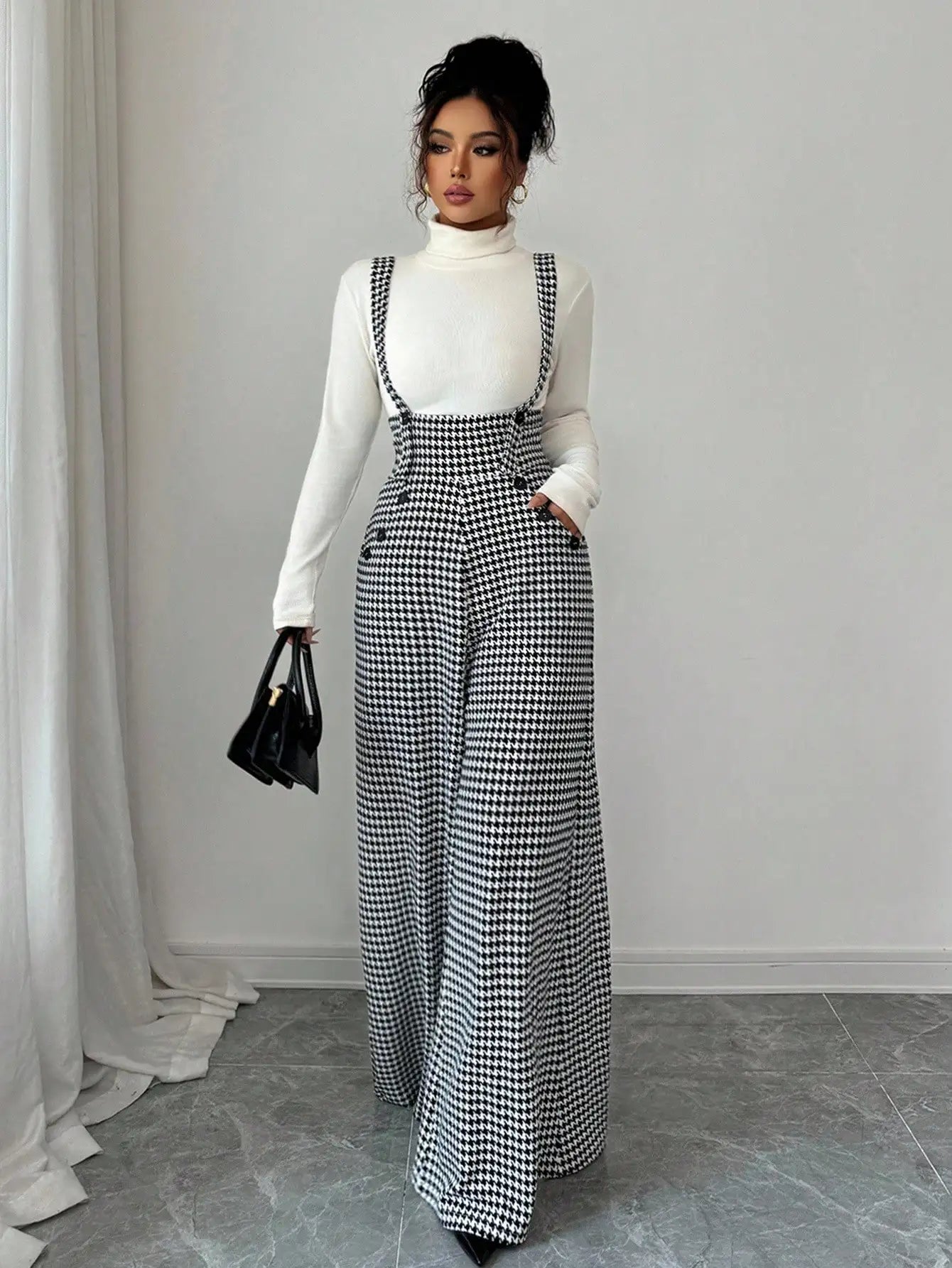 Overalls for Women's Winter Jumpsuit Black White Vintage Wide Leg Suspender Pants for Office Commute Casual Female Clothing