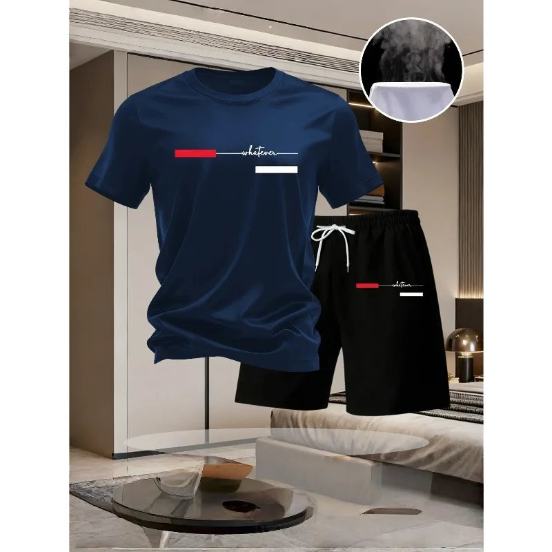 Summer men's casual short-sleeved T-shirt and shorts sports outfit - comfortable printed lightweight quick-drying set