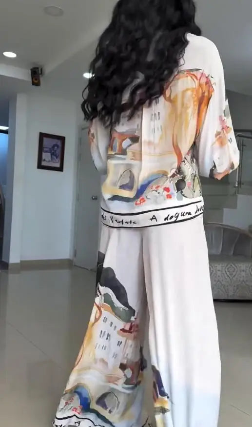 Two Piece Set Women Outfit 2025 Spring New Fashion Print Turn-Down Collar Long Sleeve Loose Shirt & Casual Wide Leg Pants Set