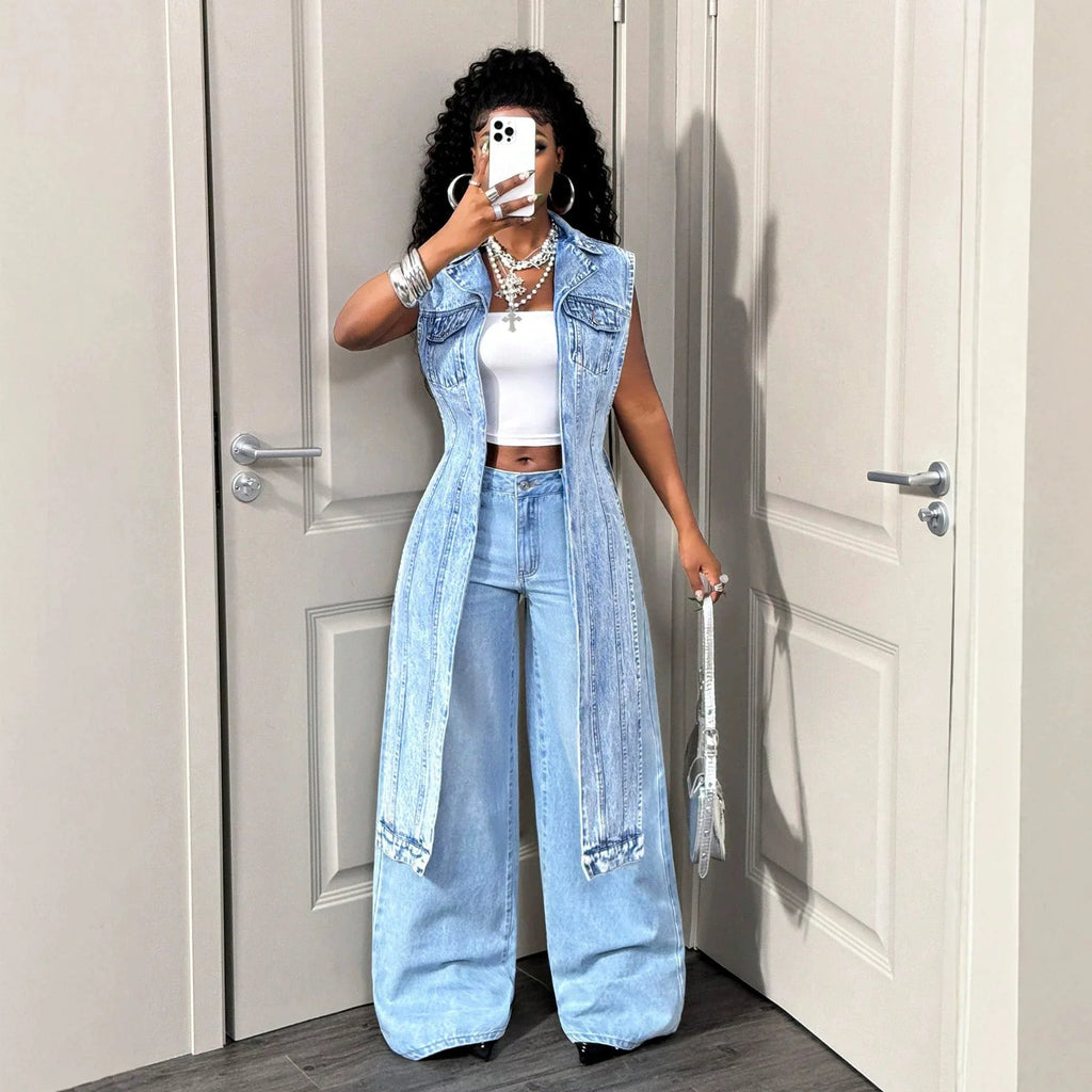Long Dress Women Denim Dresses A Line Vestidos Y2k Streetwear Turn Down Collar Sleeveless Elegant Splice Party Night Work 2026