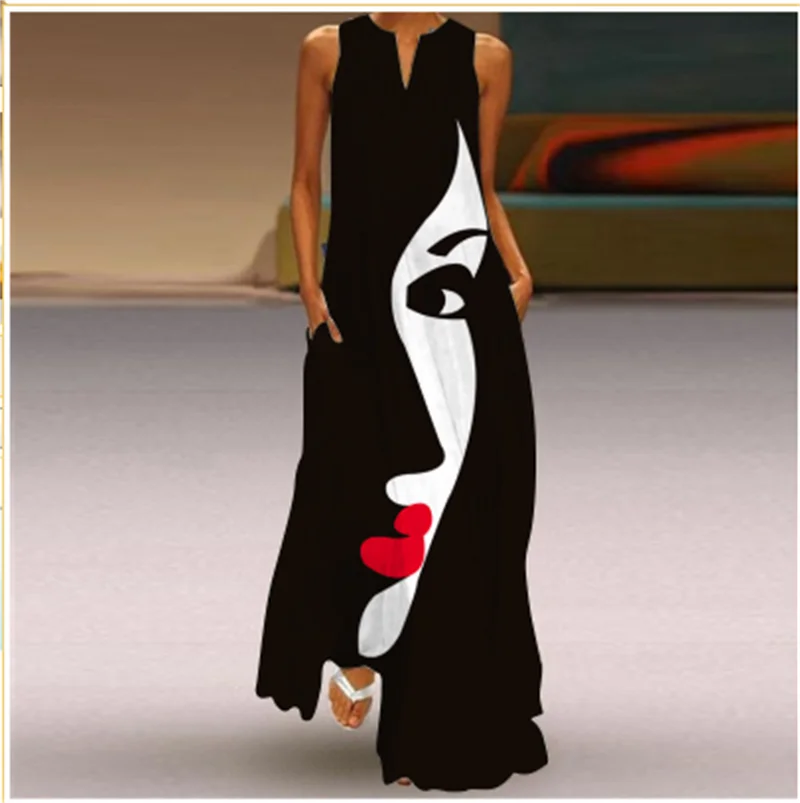 Fashion Lady Summer Long Women's Dress Black Sleeveless Loose Face Print Elegant Party Dresses For Women Casual Beach Dress Robe