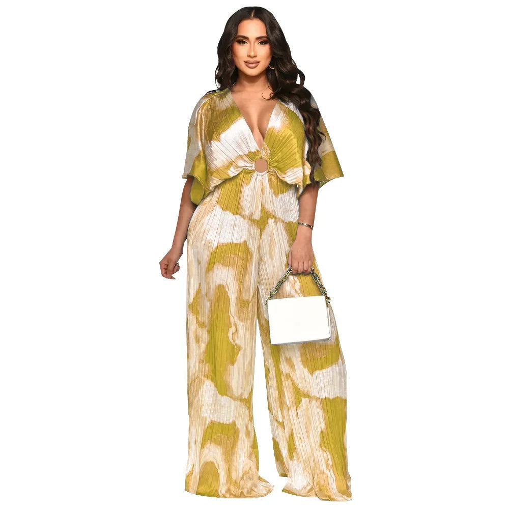 Elegant Women's Printed Pleated Jumpsuit Summer Sexy V-neck Short Sleeve Print High Waist Wide-leg Pants Casual Loose Jumpsuit