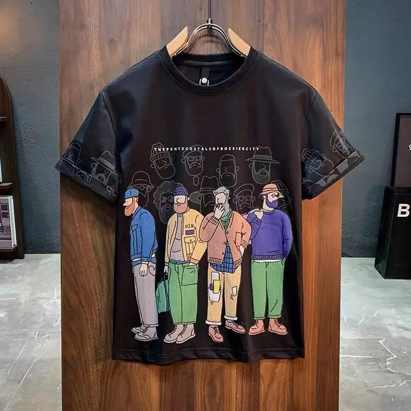 Men's Short Sleeve T-Shirt Summer Trendy Cartoon Print Round Neck Loose Casual Half Sleeve Shirt