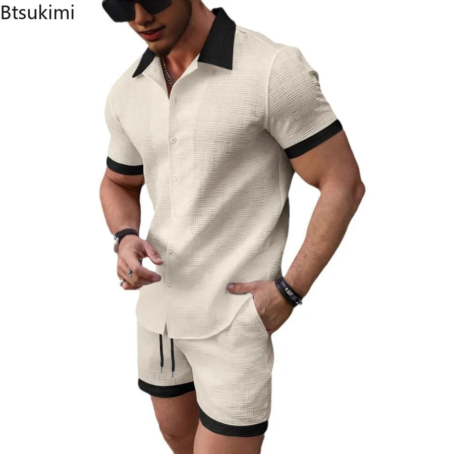 Summer New Men's Casual Two-piece Sets Fashion Classic Lapel Color Matching Short Sleeve Shirt Shorts Loose Sports Beach Outfits