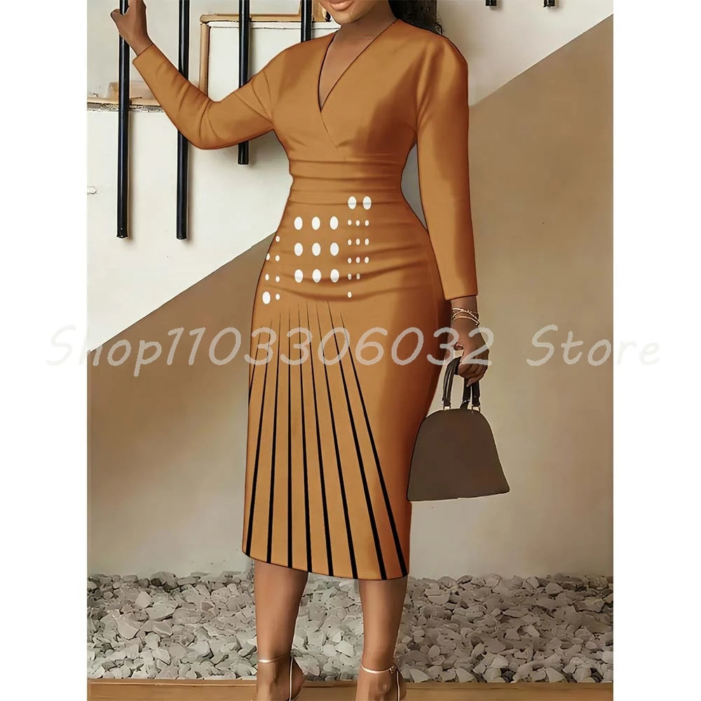 Polka Dot Vertical Stripe Print Bodycon Dress V-Neck Long Sleeve Midi Dress for Women Spring Party Date Night Outfit