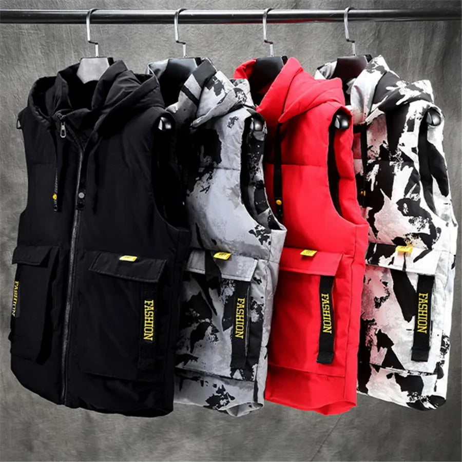 Cotton Padded Men Vests Detachable Hooded Sleeveless Jacket Men's Winter Warm Thick Coat Red Outerwear Oversize 8XL