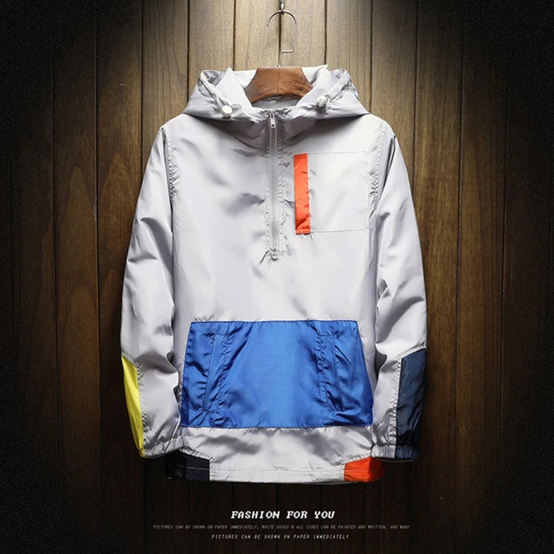 Autumn Men Windbreaker Jacket Breathable Quick-Drying Colorblock Casual Outdoor Cycling Hiking Hooded Jacket Clothing Pullover